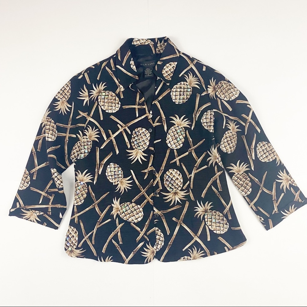 SilkLand Black Sequin Pineapple Silk‎ Shirt Size M